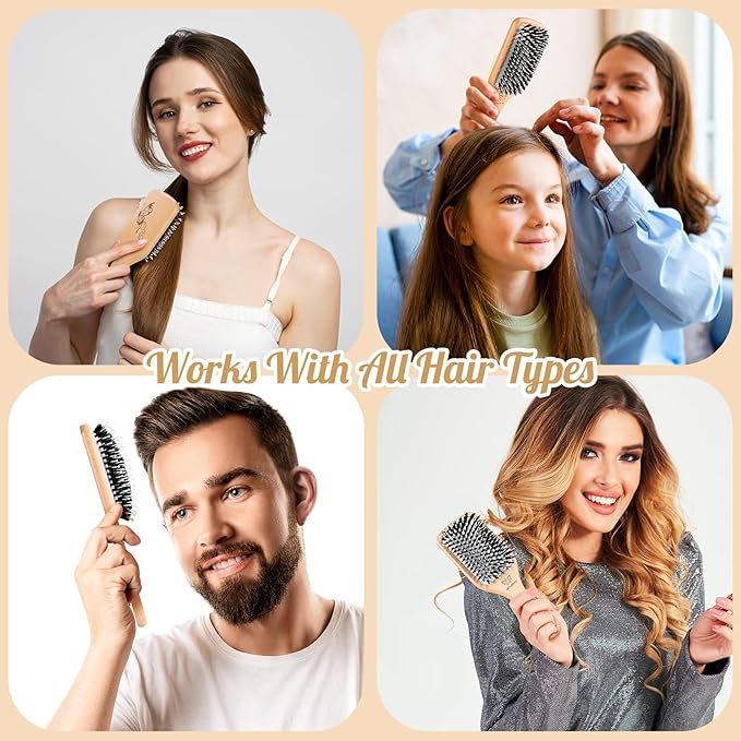 URTHEONE Hair Brush,Boar Bristle Hair Brushes and Styling Comb Set for Women Men Kids, Best Natural Wooden Paddle Hairbrush for Wet or Dry Hair Detangling Smoothing Massaging