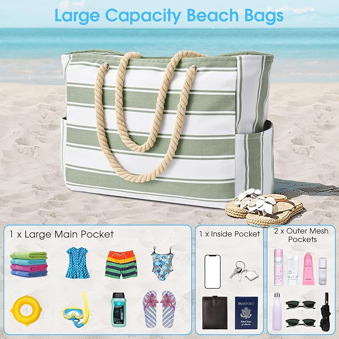 Becokan Beach Bags for Women Large Waterproof Beach Tote Bag Zipper Beach Bags - Image 5