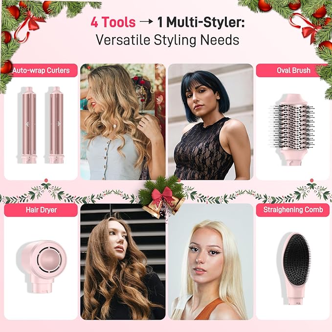 MESCOMB Dual Voltage Hot Air Styler Wrap - 5 in 1 Hair Dryer Brush with Fast Drying Blow Dryer, Styling, Straightening & Volumizing with Travel Bag (100V–240V) -Pink