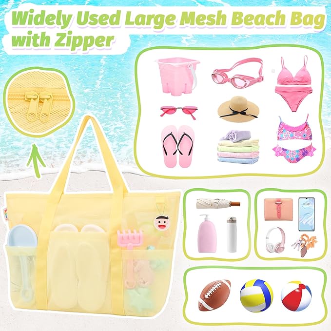 Tagitary Mesh Beach Bag with Zipper Large Beach Tote Waterproof Sandproof with - Image 3
