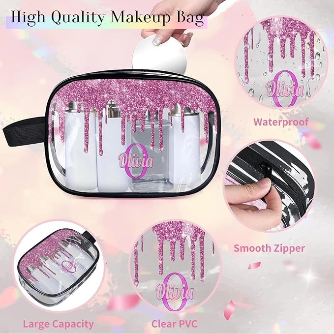 Personalized Transparent Travel Cosmetic Bag Waterproof Makeup Bags, Custom Name Clear Organizer Case Toiletries Container Bag, Orchid Pink Water Fluid Shape Shiny Glitters