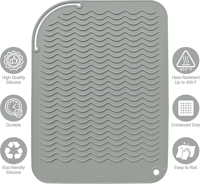 12" X 9" Large Heat Resistant Silicone Mat for Hair Styling Tools, Curling Iron Mat, Flat Iron Holder, Hair Straightener Pad, Makeup Mat, Hot Tools Mat for Travel Vanity Salon - Gray