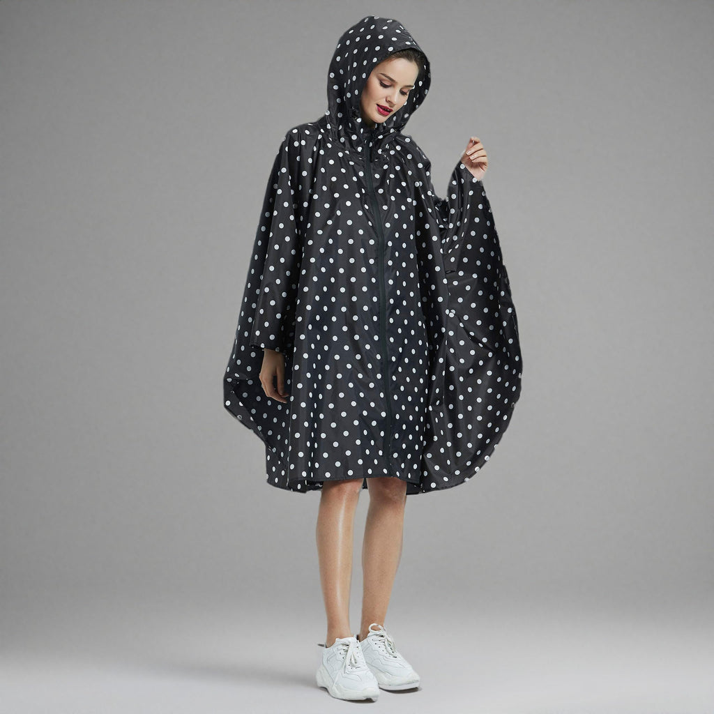 Rain Poncho Jacket Coat Hooded Zipper Style for Women (One Size / Black Dot)