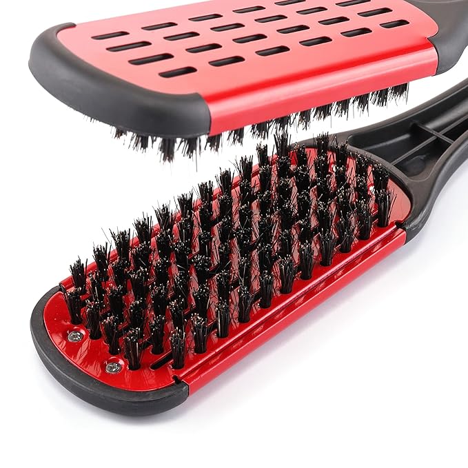 Aethland Double Sided Brush Clamp Straightener, Boar Bristles Clamp Hair Straightening Brush With Detangler - Hair Styling Tool