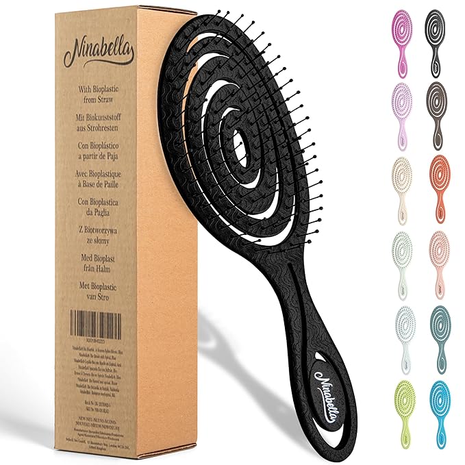 Ninabella Detangle Hair Brush for Women & Men - Does not Pull - Straightening Brushes for Straight & Curly Hair - Unique Spiral Detangling Hairbrush - Black