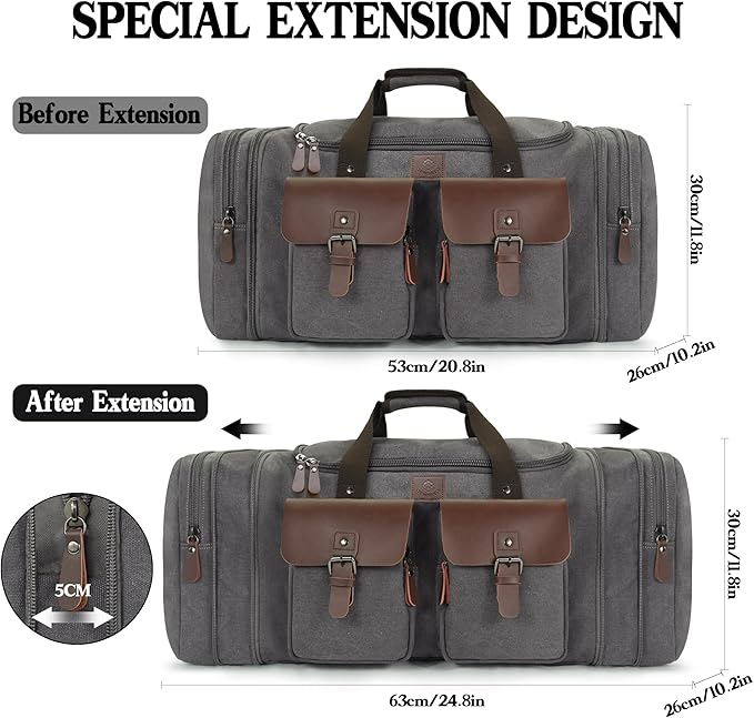 Canvas Duffle Bag for Men 50L Travel Duffel Bags Expandable Genuine Leather - Image 2