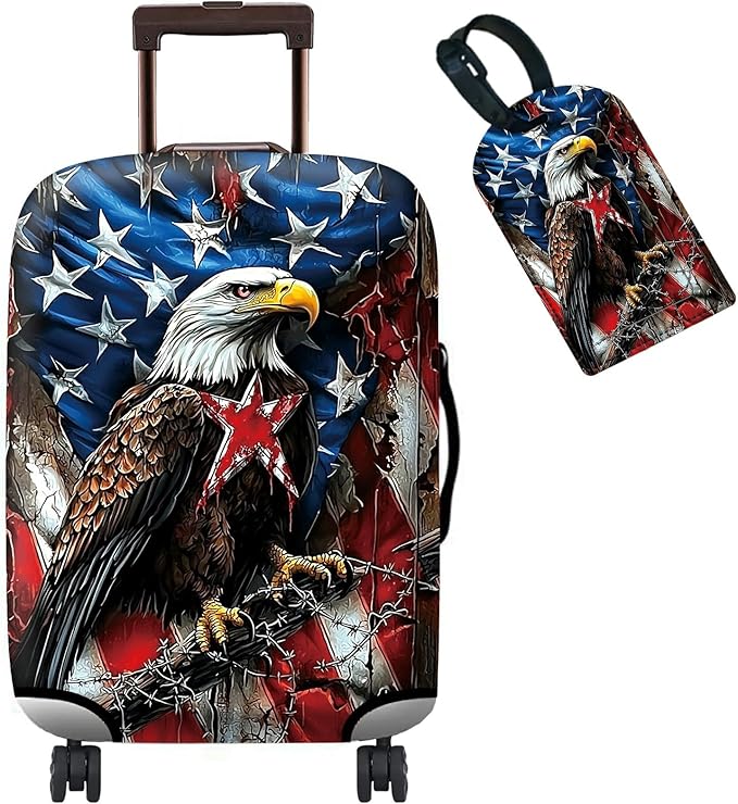 Luggage Cover + Tag, Eagle American Flag Travel Suitcase Protector by BWEGRHE