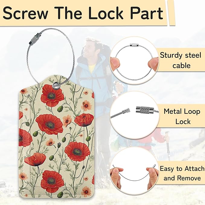3 PCS Red Poppy Flower Luggage Tags, Suitcase Tags Privacy Cover ID Label - Image 2