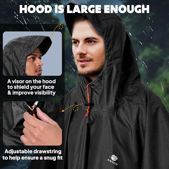 ANYOO Hooded Rain Poncho for Adults Waterproof Lightweight Rain Coat for Men - Image 4