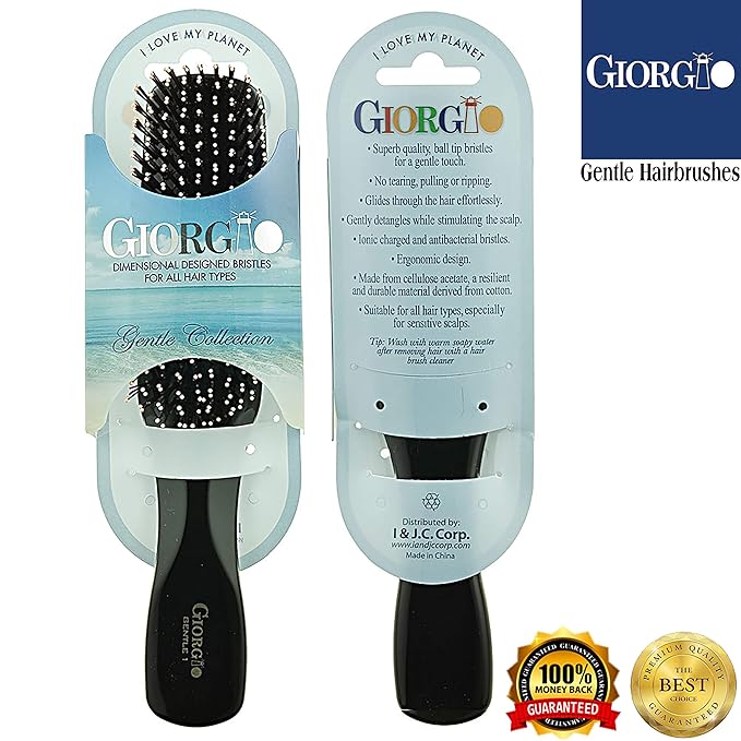 Giorgio GIO1-2BLK Black Set of 2 Gentle Touch Detangler Hair Brush for Men Women and Kids. Soft Bristles for Sensitive Scalp. Wet and Dry for all Hair Types. Scalp Massager Brush Stimulate Hair Growth
