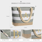 YOOLIFE Initial Canvas Waterproof Beach Tote Bag Zipper Personalized Gifts - Image 3