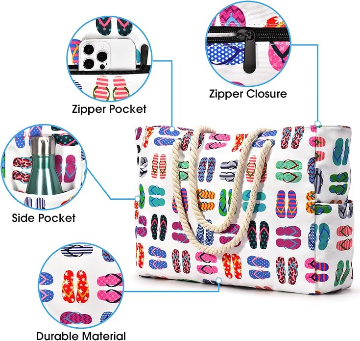 Becokan Beach Bags for Women Large Waterproof Beach Tote Bag Zipper Beach Bags - Image 2