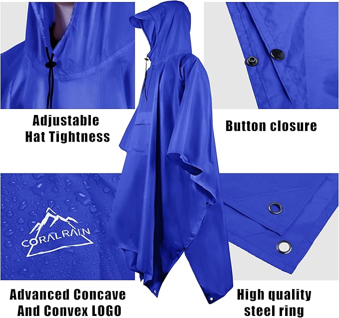 Coralrain Hooded Rain Poncho Lightweight Waterproof Unisex Raincoat Jacket - Image 3