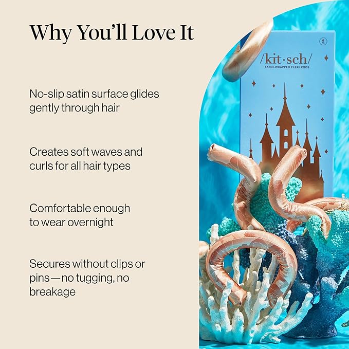 Disney & Kitsch Satin Heatless Curling Rod - Hair Curler Set, Heatless Curls Overnight, Hair Rollers for Soft Curls & Frizz-Free Styling, No Heat Curlers To Sleep in - 6pcs, Disney Princess