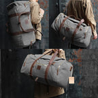 Vintage Canvas Duffle Bag, 50L Genuine Leather Travel Duffel Backpack - Image 2