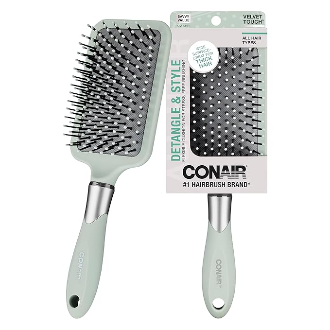 Conair Velvet Touch Paddle Cushion hair brush - Detangling hairbrush - curly or straight styles - men or women - detangler - features soft touch handle - Assorted Color