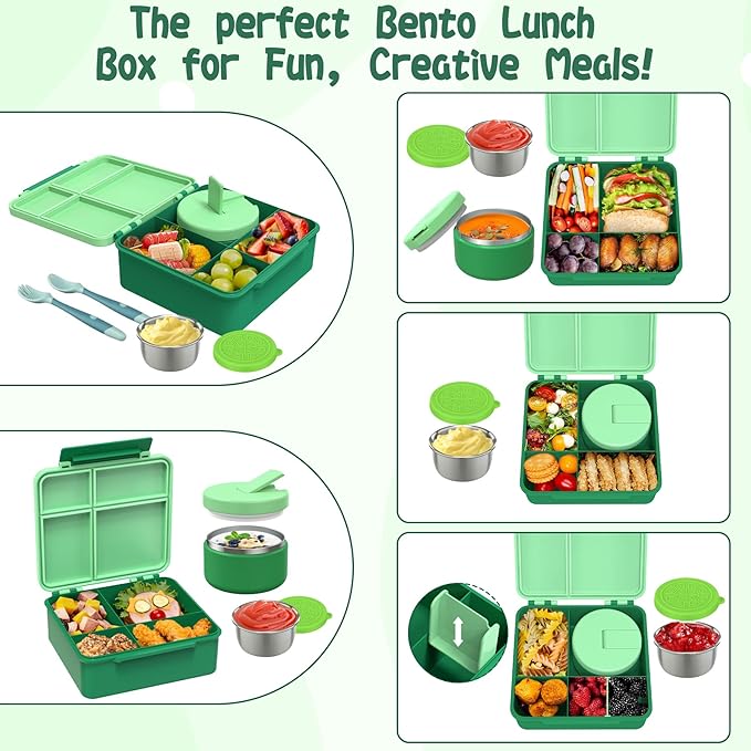 Kids Bento Lunch Box with 8oz Soup Thermo, Kids Leakproof Lunch Food Containers - Image 2