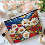 Cosmetic Bags Travel Makeup Toilet Case Waterproof Pouch for Women Girls 6.7X9.45inches - Stained - Glass Style Landscape With Daisies And Poppies