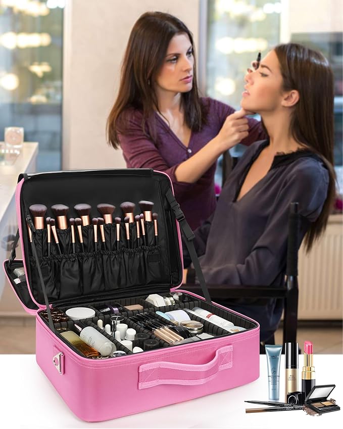 Relavel Extra Large Makeup Case Travel Train Case Professional Makeup Artist Bag Portable Nail Organizer Box Art Supply Case with Adjustable Dividers/Attach to Trolley/Shoulder Strap (Rose Pink)