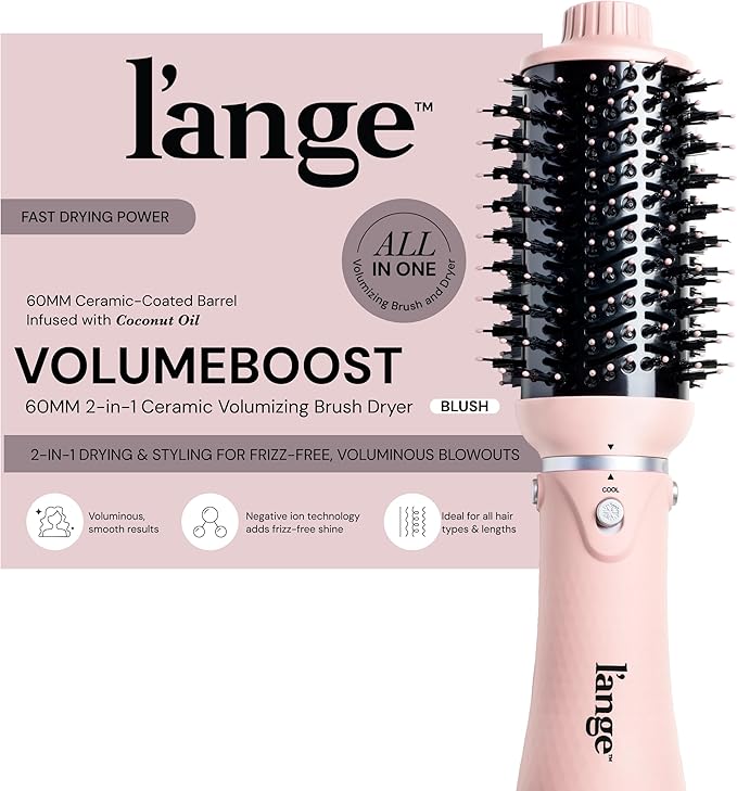 L'ANGE HAIR VolumeBoost 60mm 2-in-1 Ceramic Volumizing Brush Dryer | Fast Drying & Styling for Frizz-Free, Voluminous Blowouts | Ceramic-Coated Barrel (Blush)