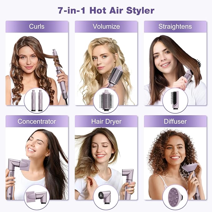 7MAGIC Hot Air Styler Wrap, 7 in 1 Professional Hair Dryer Brush with Auto-Wrap Curlers, Fast Drying Blow Dryer, Volumizing Straightening Styling Multi-Styler No Heat Damage, Travel Case (Purple)