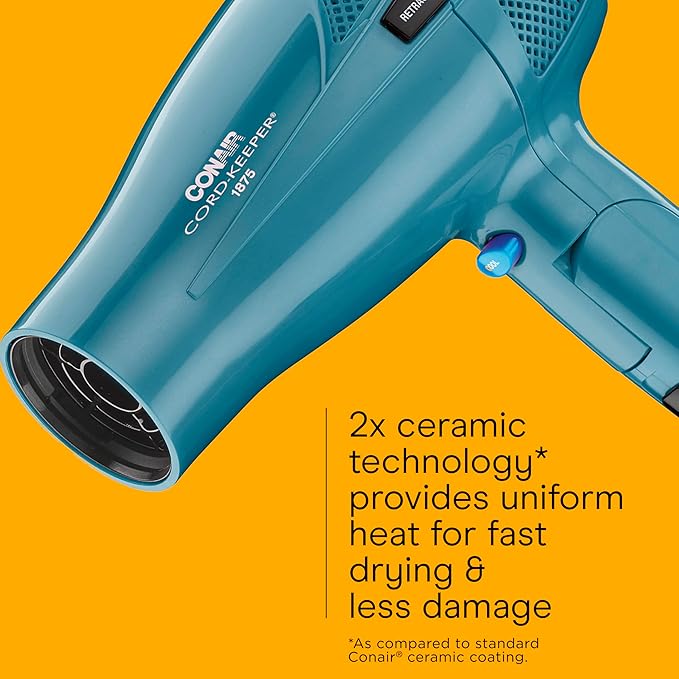 Conair Cord-Keeper Dryer with Folding Handle and Retractable Cord, 1875W Travel Hair Dryer, Ionic Technology, Teal