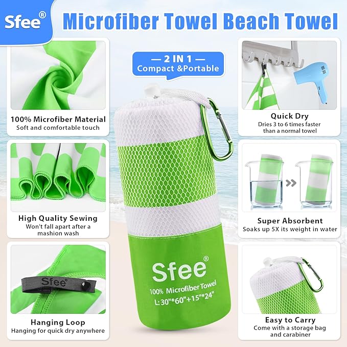 Sfee 2 in 1 Microfiber Beach Towel, Quick Dry Towel Camping Towel Travel Towel - Image 2
