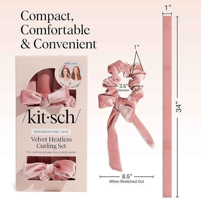 Kitsch Velvet Heatless Curling Set - Heatless Curls Overnight - Comfortable No Heat Hair Curlers With Two Velvet Scrunchies to Sleep In for Frizz-Free & Non-Damage Styling - Terracotta