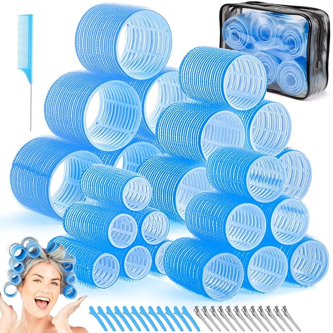 Obeoby 4 Sizes Hair Rollers for Women, 50 Pcs Set Hair Curlers with Clips Comb Curlers for Long Short Curly Hair and Bangs (25, 36, 48, 60mm), Blue
