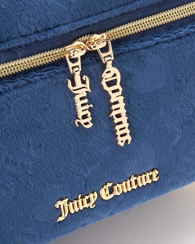Juicy Couture Blue Makeup Bag Cosmetics Organizer Travel Essentials Train Case Velour Heart Logo