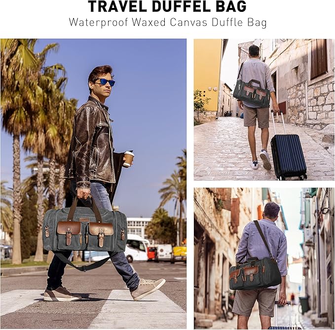 Wildroad 50L Travel Duffel Bag, Expandable Waxed Canvas Genuine Leather Duffle - Image 2