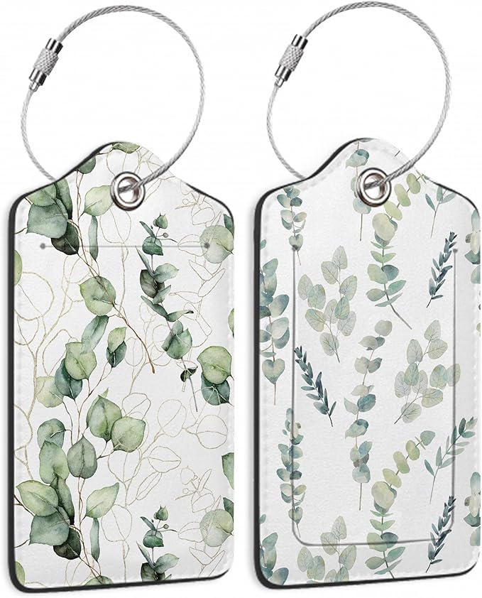 2 Pack Leather Luggage Tag for Suitcase Green White Eucalyptus Leaves Unique by TXIANT