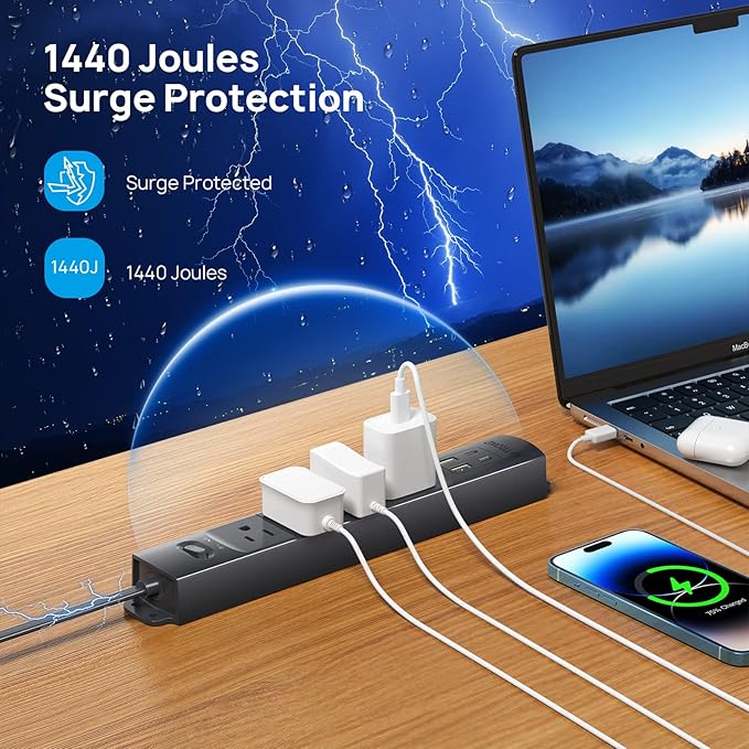 TROND Flat Plug Power Strip USB-10ft Flat Extension Cord Surge Protector Wall - Image 5