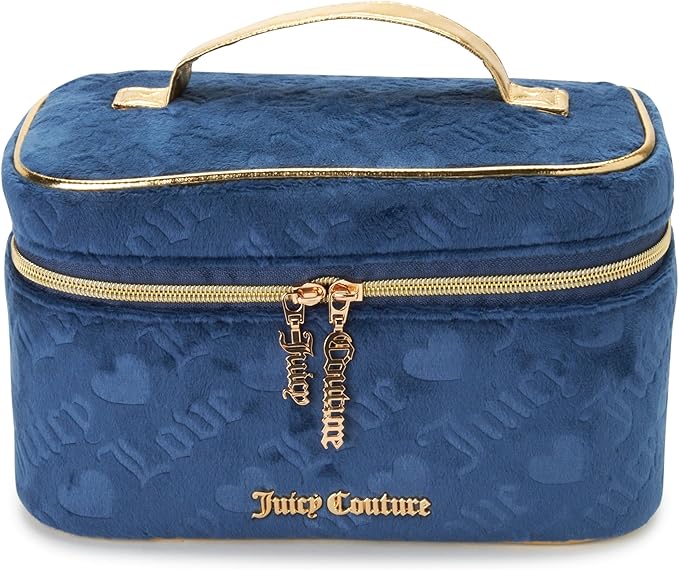 Juicy Couture Blue Makeup Bag Cosmetics Organizer Travel Essentials Train Case Velour Heart Logo