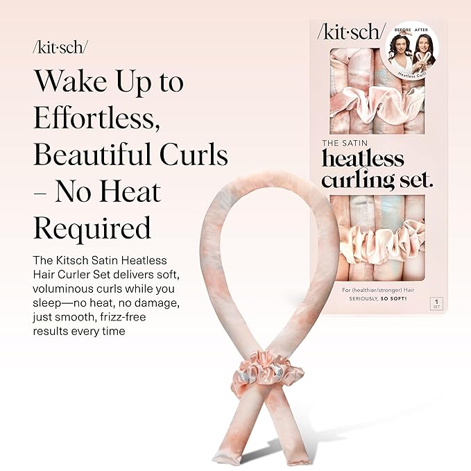 Kitsch Satin Heatless Curlers Set – Heatless Curls Overnight with 34" Hair Curler & 2 Satin Scrunchies – Comfortable Hair Curlers to Sleep In for Frizz-Free, No Heat Damage Styling - Sunset Tie Dye