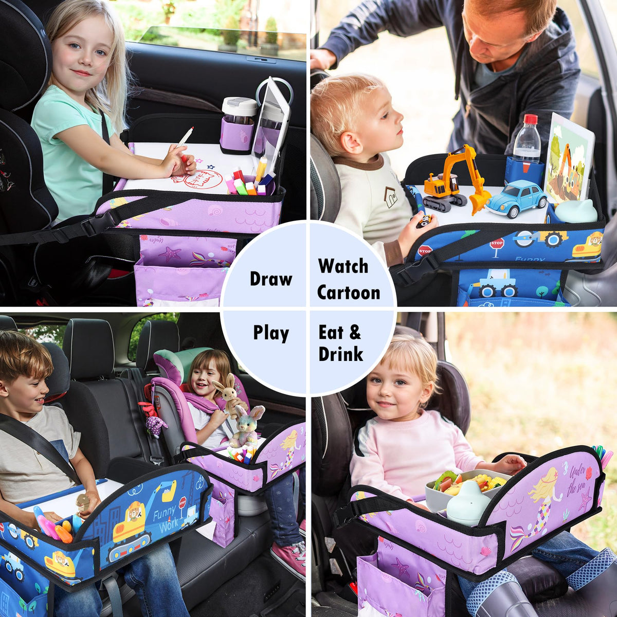 Kids Travel Tray for Toddler Car Seat (Dark Blue Car/Purple Mermaid--2PCS)