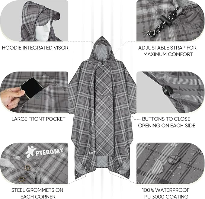 PTEROMY Hooded Rain Poncho for Adult - Image 2