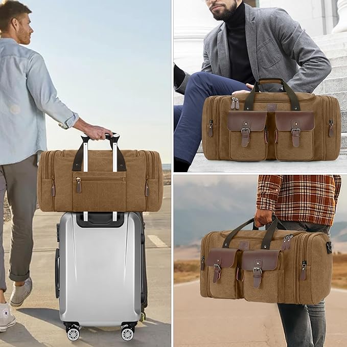 Canvas Duffle Bag for Men 60L Travel Duffel Bags Expandable Genuine Leather - Image 8