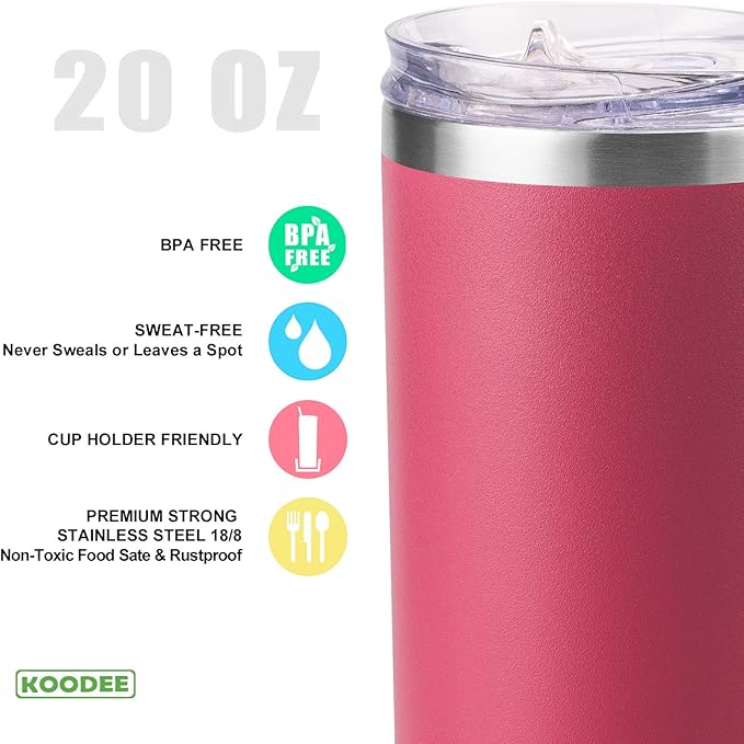 koodee 20 oz Tumbler with Lid and Straw-2 Pack Stainless Steel Double Wall - Image 2