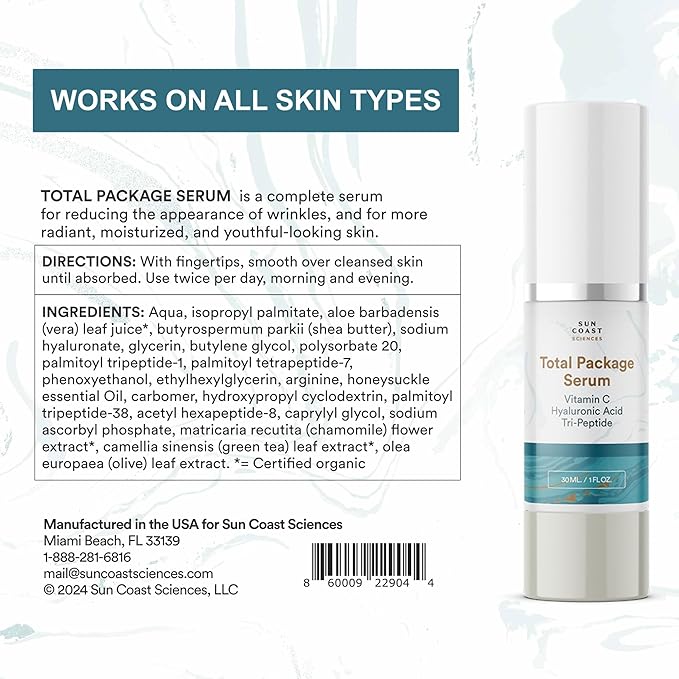 Sun Coast Sciences - Total Package Serum, All-In-One Vitamin C, Hyaluronic Acid, Anti-Aging Facial Super Serum for Wrinkles, Age Spots - 1 fl oz (Pack of 6)