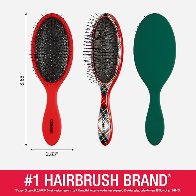 Conair Detangling Hair Brush Set 3 Pack, Use Wet and Dry and ideal for All Hair Types, Detangler Brushes for Women and girls, gifts for her, Tartan, Red, Green