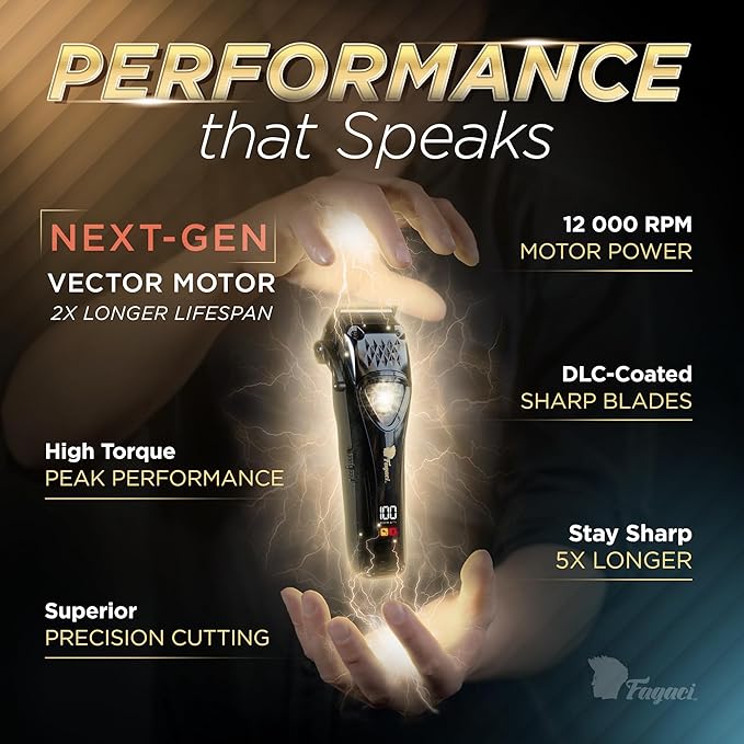 Fagaci Professional Hair Clippers for Men with DLC Blades and High Torque, Vector Motor 12000 RPM Professional Barber Clippers Cordless, Mens Hair Clipper Cordless Set