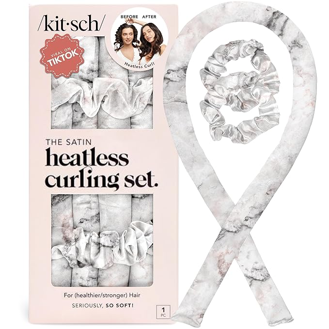 Kitsch Satin Heatless Curlers Set – Heatless Curls Overnight with 34" Hair Curler & 2 Satin Scrunchies, Comfortable No Heat Hair Curlers to Sleep In for Frizz-Free & Non-Damage Styling - Marble