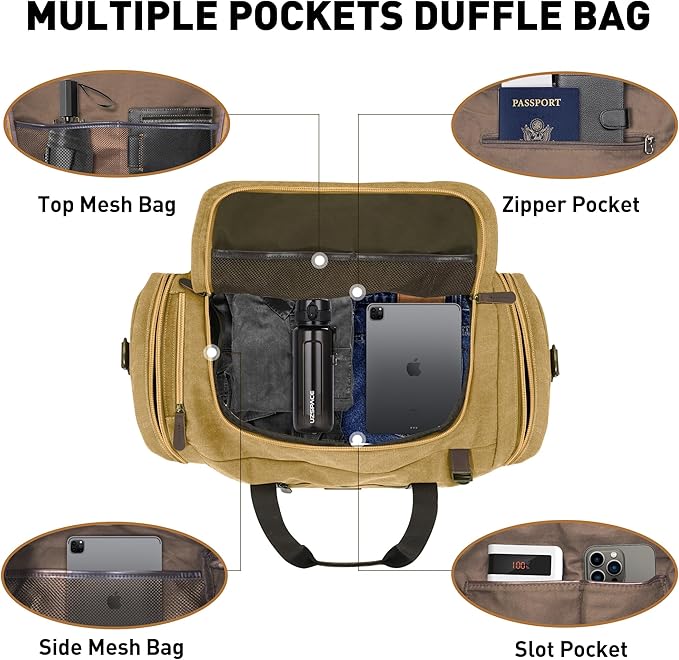 50L Duffle Bag for Men, Nomad Waxed Canvas Travel Duffel Bag Vintage Genuine - Image 4