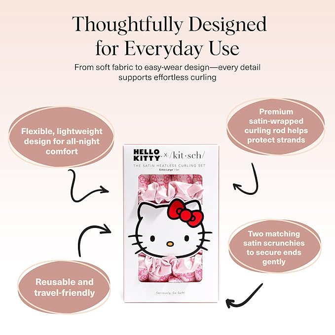 Hello Kitty x Kitsch Satin Heatless Hair Curler Set - Heatless Curls Overnight, Hair Rollers for Soft Curls & Frizz-Free Styling, No Heat Curlers To Sleep in, Curling Rod Headband - Pink Kitty Faces