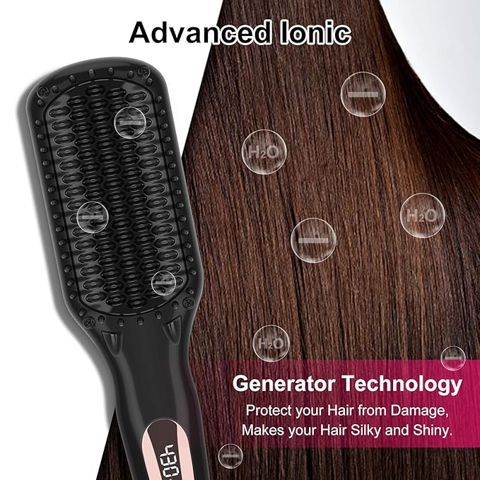 Aima Beauty Hair Straightener Brush, Enhanced 2-in-1 Straightening Brush, Advanced Ionic, Quick Heating with Anti-Scald, Black