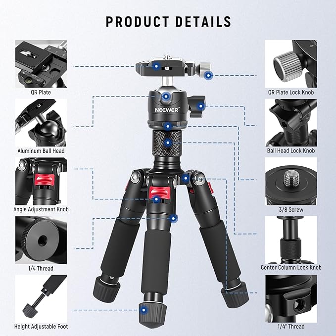 NEEWER Portable Desktop Mini Tripod Aluminum Alloy 20''/ 50cm Desk Tripod - Image 7