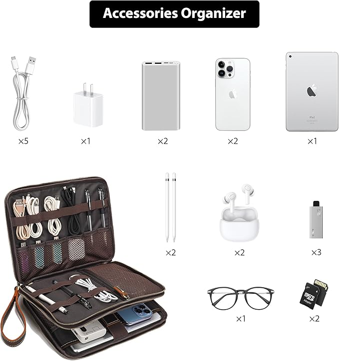 LANNSYNE Full Grain Leather Travel Cable Accessories Bag, Electronic Organizer - Image 3