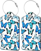 2 Pack Luggage Tag for Suitcase, Beautiful Blue Butterfly PU Leather Suitcase by EOBKLAX