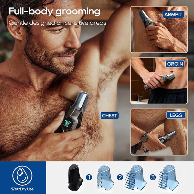 Beard Trimmer for Men, Magnetic Snap-on Replacement Heads & Charging Dock, IPX7 Waterproof Cordless Hair Clippers, Mens Grooming Kits for Mustache/Body/Face/Ear/Nose, Gray